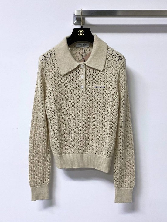 .Miu Miu® Other - Miu Miu Cream Open‑Knit Cropped Polo Knit Blouse